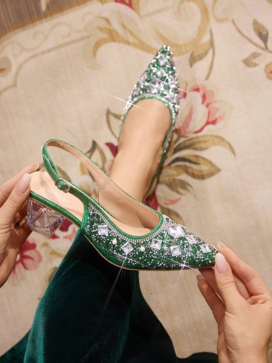 CUCCOO TILAWA Giày cao gót mũi nhọn đính đá thời trang dự tiệc thanh lịch dành cho nữ - màu xanh lá - Xem 1