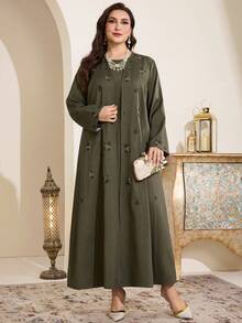 Al Najma 大码女式花卉刺绣长袖宽松阿拉伯长袍套装 - 軍綠色 - 查看 2