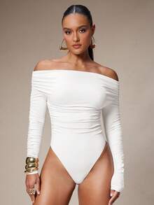 Silquee Women's Solid Color Off-Shoulder Ruched Fashionable Versatile Vacation Party Long Sleeve Bodysuit White Tops Women Off Shoulder Tee White Off Shoulder Top Off The Shoulder Top - White - View 7