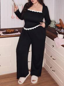 SweetSlumber Bộ đồ ngủ cổ vuông viền ren phong cách Y2K cỡ lớn - màu đen - Xem 4