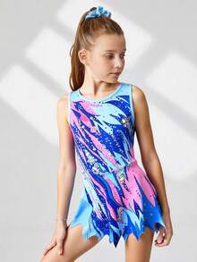 SHEIN Leotardos sin mangas con estampado para niñas preadolescentes, cómodos y amigables con la piel, diseño ajustado para evitar la exposición, ropa deportiva para gimnasia rítmica, unitardo para competencias de baile escolar, adecuado para todas las estaciones otoño e invierno - Azul - Ver 3