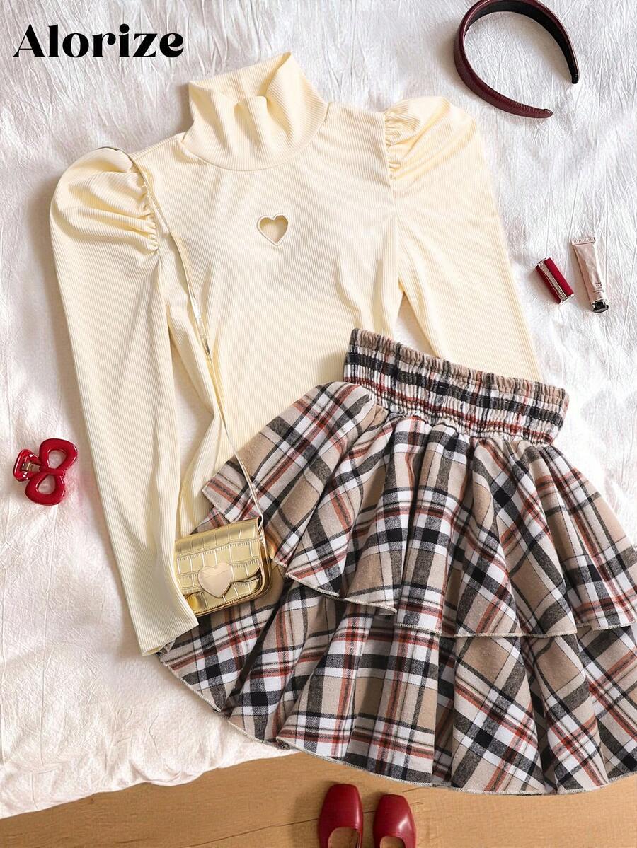 2件套 少女休闲圣诞新年红色T恤和红色格子裙 - 彩色 - 查看 1