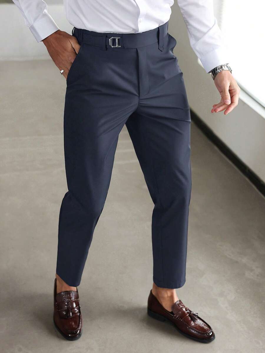 Calvornis Men's Casual Pocket Versatile Office Commute Suit Pants - Navy Blue - View 1