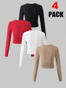 SHEIN 4 Stücke/Set Mädchen Rundhals Langarm Strick Figurbetontes Kurz Tops, vielseitige lässige Layering T-Shirts für Frühling & Herbst - Verschiedenfarbig - Übersicht 2
