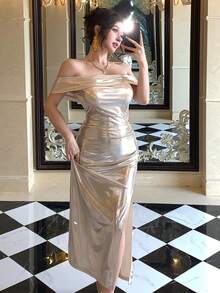 DAZY Solid Color Sexy Bodycon Off-Shoulder Midi Dress For Women Wedding Guest Dress Summer Sundress - Silver - View 7