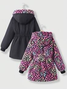 SHEIN 1pc Girls Leopard Print Reversible Fluffy Long Sleeve Windbreaker Jacket, Suitable For Autumn/Winter - Multicolor - View 2