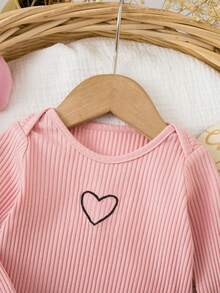 新生女宝宝可爱休闲针织粉色长袖上衣和心形图案松紧腰裤家居服套装 - 粉色 - 查看 8