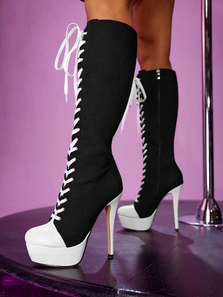CUCCOO LuxiPop Bottes hautes à lacets imperméables à plateforme et blocs de couleurs pour femmes