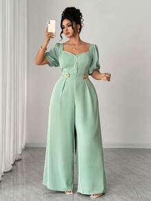 Mono elegante de pierna ancha con cuello cuadrado, manga corta y decoración de botón metálico, adecuado para primavera/verano, vuelta al colegio, vacaciones, graduación, San Valentín, Navidad, festival de música, Día de la Madre, Halloween, Acción de Gracias, Pascua, Día Nacional, gala, cita, temporada de bodas, actividades al aire libre, talla grande - Verde - Ver 6
