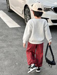 SHEIN 2件套男童休闲刺绣圆领长袖卫衣和格子抽绳裤套装 - 彩色 - 查看 2