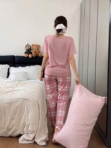 SHEIN 2pcs/Set Heart Plaid Print Pink Casual Sleepwear Shorts & Top Set - Multicolor - View 2