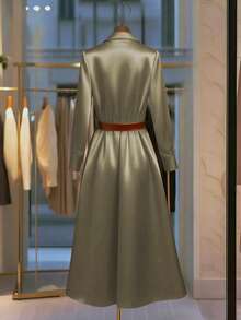 GlowEve CURVE Đầm sơ mi tay dài màu trơn thanh lịch cỡ lớn dành cho nữ, có thắt lưng, cài nút đơn - Lạc đà - Xem 2