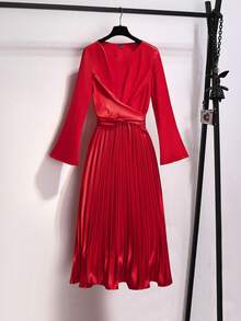 SHEIN LUNE Vestido elegante de manga larga con pliegues de tela brillante y cruzado para mujer, ideal para vacaciones - Burdeos - Ver 4