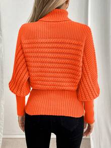 EMERY ROSE 高领麻花针织宽松时尚超大修身套头毛衣 - 橘色 - 查看 2