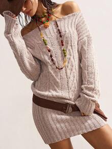 Bohemela Women's Asymmetric Neck Long Sleeve Twist Cable Pattern Casual Knit Dress In Fall/Winter