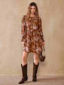 Florisole Women's Casual Loose Bohemian Embroidered Paisley A-Line Mini Dress, Spring/Autumn - Coffee - View 3