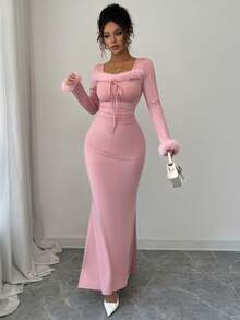 SHEIN PETITE Đầm đuôi cá ôm sát cổ lông tay dài màu trơn thanh lịch dành cho nữ mùa xuân, đa năng khi đi làm - Hồng - Xem 5