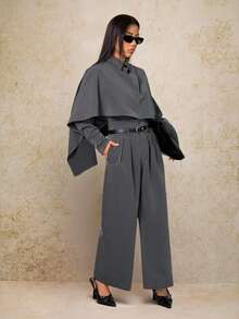 SHEIN PETITE 2pcs Women's High Waist Cinched Waist Trench Coat & Midi Dress Suit, Elegant British Style For Commuting, Autumn/Winter - Grey - View 3