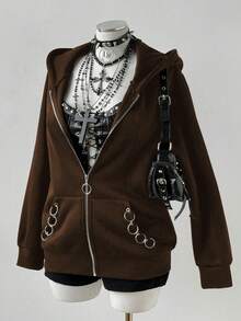 Sunspun Plus Size Women Hooded Eyelet & Ring Decor Punk Style Long Sleeve Sweatshirt - Brown - View 3