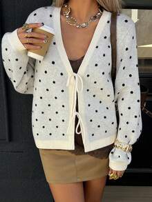 Livesso Women's Polka Dot Tie Front Casual Cardigan, Winter - Black and White - View 5
