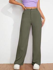SHEIN Cottnline Casual Versatile Solid Color Straight Leg Pants Office Army Green Autumn - Army Green - View 5