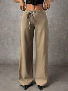 SHEIN PETITE 女士纯色日常百搭通勤休闲裤，腰部饰有孔眼装饰系带阔腿宽松休闲裤 - 咖啡棕 - 查看 1