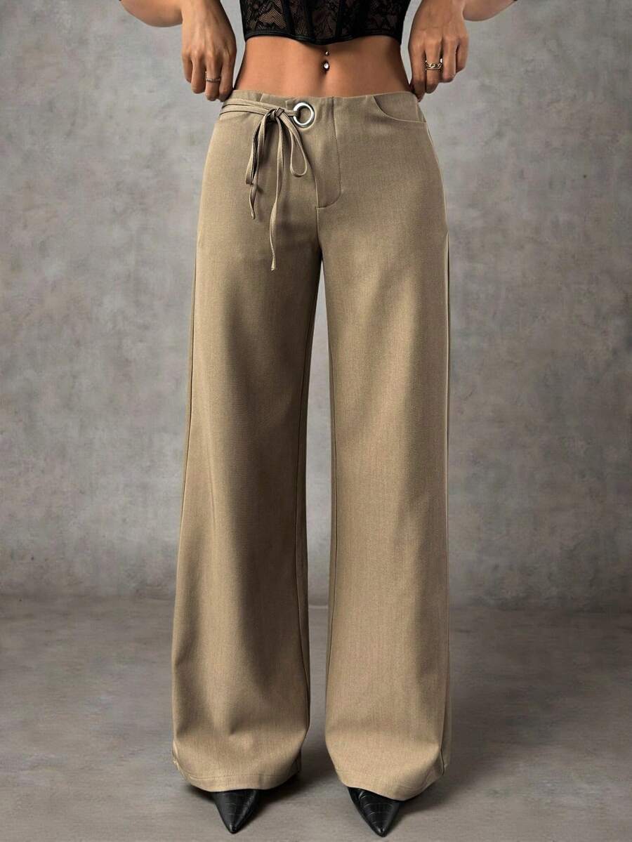 SHEIN PETITE 女士纯色日常百搭通勤休闲裤，腰部饰有孔眼装饰系带阔腿宽松休闲裤 - 咖啡棕 - 查看 1