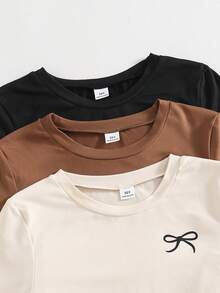 3 件套女童圆领长袖修身 T 恤，带蝴蝶结图案，适合日常穿着的休闲上衣，秋季 - 棕色 - 查看 4