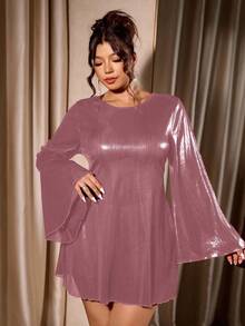 Cravure 大码女装春秋新款，魅力时尚性感圆领纯色喇叭袖镂空系带亮面A字迷你裙，适合派对、正式晚宴、约会、鸡尾酒会等场合。 - 淺粉色 - 查看 3