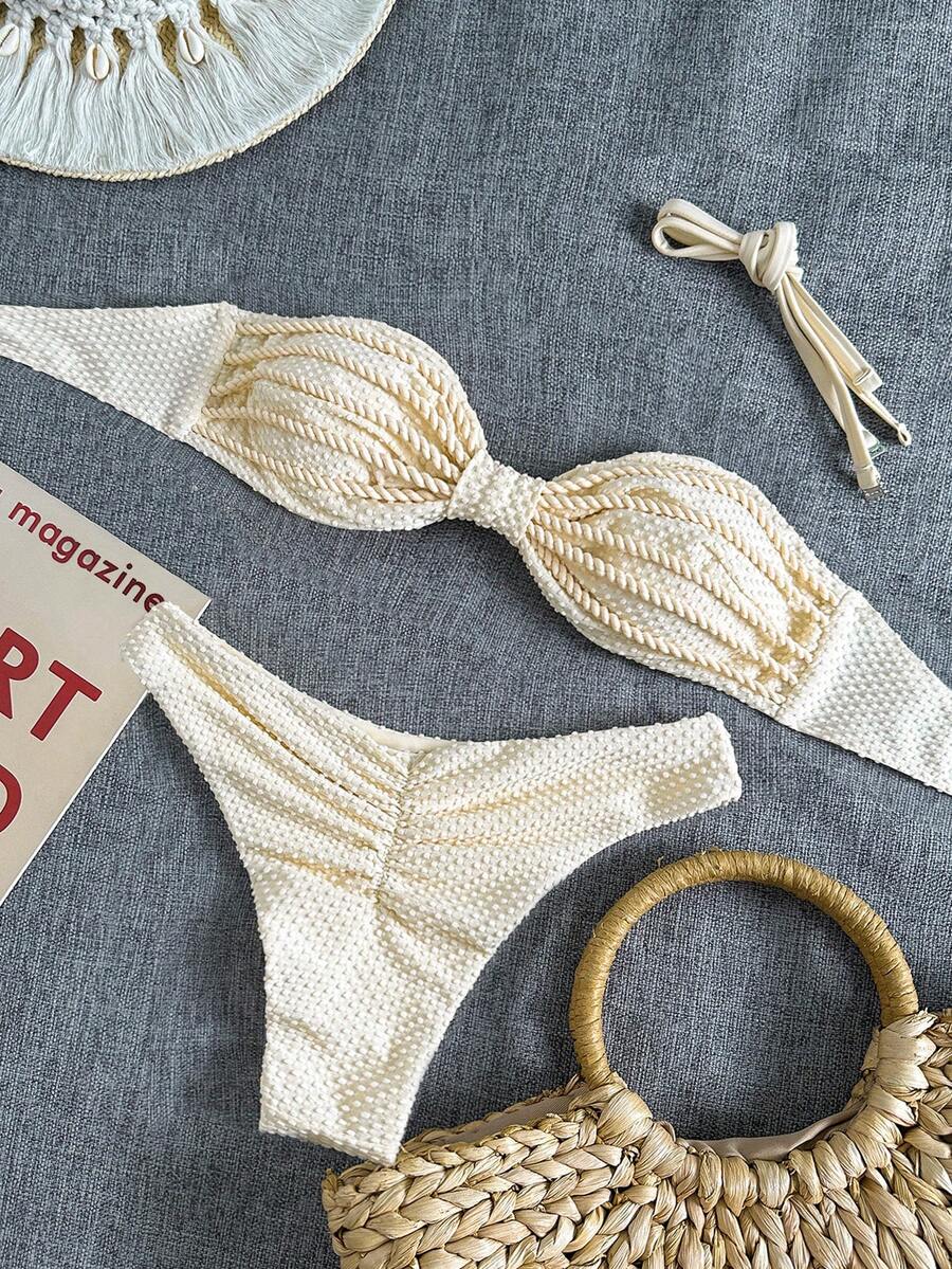 Bộ đồ bơi Swim Vcay 2 món/Bộ đồ bơi liền thân màu trơn kèm áo bikini bandeau và quần hở lưng gợi cảm, Xuân/Hè - Màu be - Xem 1