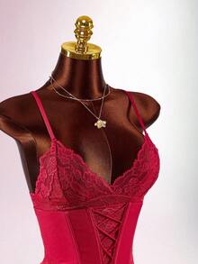 Amplova Y2K Women's Contrast Lace Camisole Top And Bodycon Mini Skirt Sexy 2 Pieces Set Lace Triangle Cup Semi-Transparent Tight Mini Sexy Sleeveless Camisole Waist-Cinching Two-Piece Set Summer Outfit For Women Spring Women Beach Outfit Vacation Outfits Women Casual Outfit For Women Party Outfit - Red - View 5