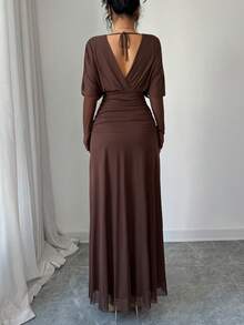Elenzga Damen Elastisches Mesh-Gewebe gefüttertes V-Ausschnitt Kleid mit Raglanärmeln, geraffter Taille und A-Linie, verdecktem Reißverschluss an der Seite, Maxikleid, eleganter französischer Vintage-Stil für Büro, Lässig und Lässig, geeignet für Party, Weihnachten, Thanksgiving, Nachmittagstee, Neujahr, Herbst/Winter - Braun - Übersicht 2