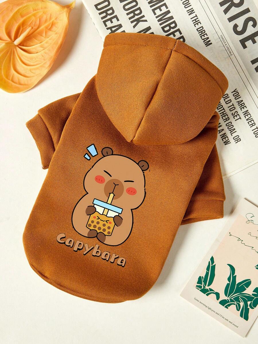 PETSIN 1 Piece Cute Brown Pufferfish Letter Printed Pet Hoodie With Hat, Autumn And Winter Brown Thick Warm Pet Clothes - Brown - View 1