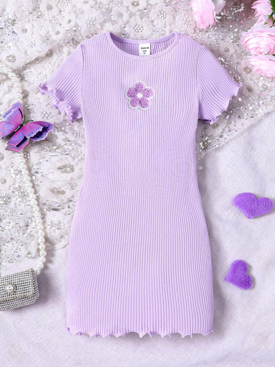 Tween Girl Basic Casual Knit Round Neck Fitted Butterfly Applique Mini Dress, Spring/Summer - Purple - View 1