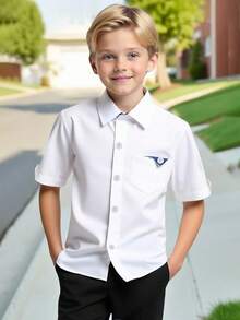 SHEIN 男童纯色简约休闲短袖衬衫 - 白色 - 查看 6