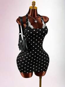 Amplova 浪漫波点撞色蕾丝收腰修身基本款蕾丝边袖性感显瘦连衣裙 - 彩色 - 查看 2