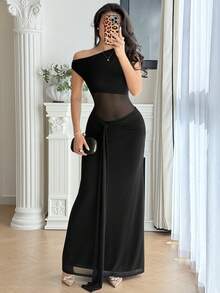 Modelyn 婚礼季、春夏休闲优雅通勤、日常约会、生日派对、办公室着装、简约鸡尾酒礼服、闺蜜聚会、小型宴会、婚礼派对、露肩、单肩、腰带设计、A字裙、修身裙、超长裙、黑色网纱裙、女士超长连衣裙 - 黑色 - 查看 3