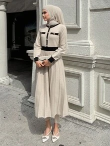 DAZY Women's Casual Elegant Color Block Mid-Length Sweater Dress, Spring Autumn,Fall Women Clothes Modest Fashion Office Blackness - Apricot - View 8