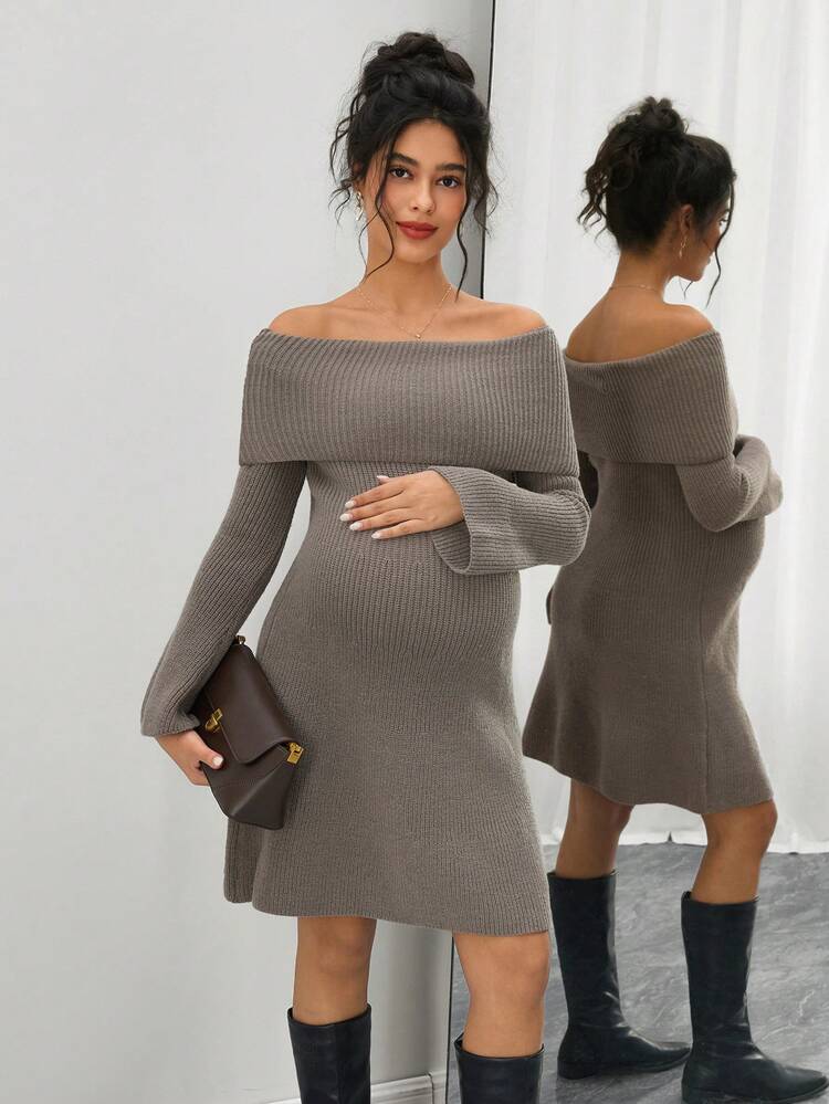 SHEIN 孕妇时尚优雅露肩短款针织毛衣连衣裙 - 咖啡 - 查看 4