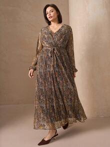 Chikora Abito elegante di media lunghezza con scollo a V, maniche a lanterna, plissettato, con stampa floreale e leopardata, adatto per resort, abiti da spiaggia, abiti da sole, outfit bohémien da vacanza, taglie comode per donna - Multicolore - Visualizzare 3