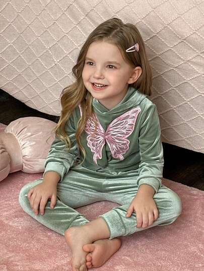 SHEIN Elladie kids 女小童蝴蝶貼布扭結下擺連帽衫和運動褲