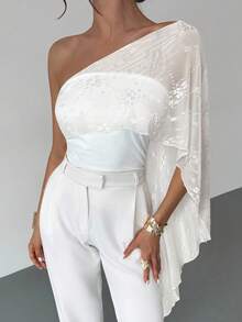 Firerie Women's Elegant Casual Vacation Daily Fashion Versatile White Asymmetric Neck Mesh Patchwork Asymmetrical Tie Fitted Blouse, Summer - White - View 7