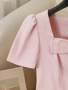 SHEIN Franclia 女士纯色蝴蝶结装饰短袖连衣裙 - 淺粉色 - 查看 5