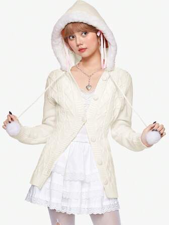 Kawaii Cárdigan con capucha, parches y flecos lindo y dulce para mujeres