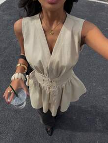 Siren Gaze 100%纯棉无袖衬衫，双腰带设计，柔软亲肤，杏色，适合工作和度假穿着，优雅女士衬衫 - 杏色 - 查看 5