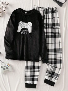 Teen Boys Pajamas-2 Piece Pajama Set Black Game Controller Print Crew Neck Long Sleeve Top Plaid Long Pants Elastic Waist Home Sleep Loungewear Casual Gift Four Seasons 2026 New Year Holiday Essential Youth - Black - View 1
