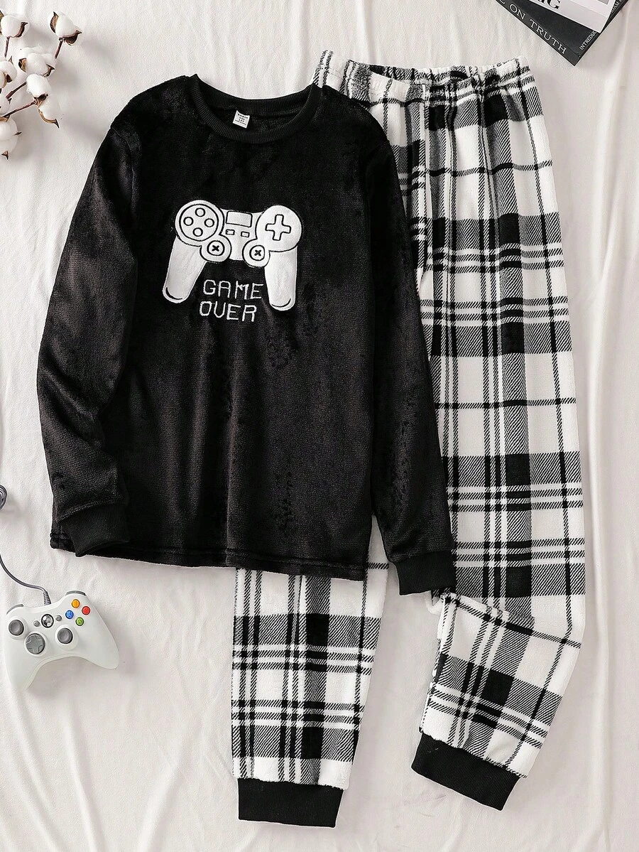 Teen Boys Pajamas-2 Piece Pajama Set Black Game Controller Print Crew Neck Long Sleeve Top Plaid Long Pants Elastic Waist Home Sleep Loungewear Casual Gift Four Seasons 2026 New Year Holiday Essential Youth - Black - View 1