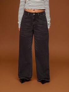 COUREZ Jeans de tiro bajo con ajuste holgado en lavado negro / Ropa casual de invierno Y2K Ropa de mujer de otoño Pantalones anchos lindos de tiro bajo - Negro - Ver 3