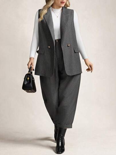 Zelara 大码女式格子衬衫领双排扣无袖外套和裤子休闲两件套，秋季感恩节女装，新年女装，冬季连衣裙，冬季服装，女士狂欢派对服装，新年夜服装，办公室服装，新年女装，派对，商务休闲女式背心和裤子套装，女士套装，职业女装套装，女士办公室服装套装，女士西装套装，商务休闲女装套装，女士套装，商务女装，新年服装，优雅连衣裙，女士套装