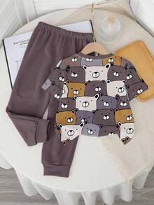 SHEIN 男婴休闲简约圆领短袖上衣和裤子套装，经典酷炫可爱卡通熊头图案印花 - 彩色 - 查看 3